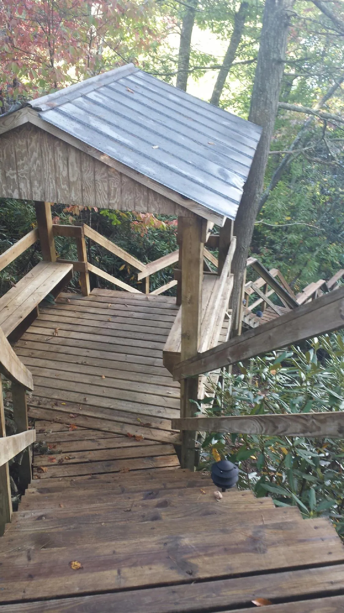 Metal roofed shelter over wooden steps on a wooded walkway — Skylight Repair & Installation work by our crew in Pittsboro